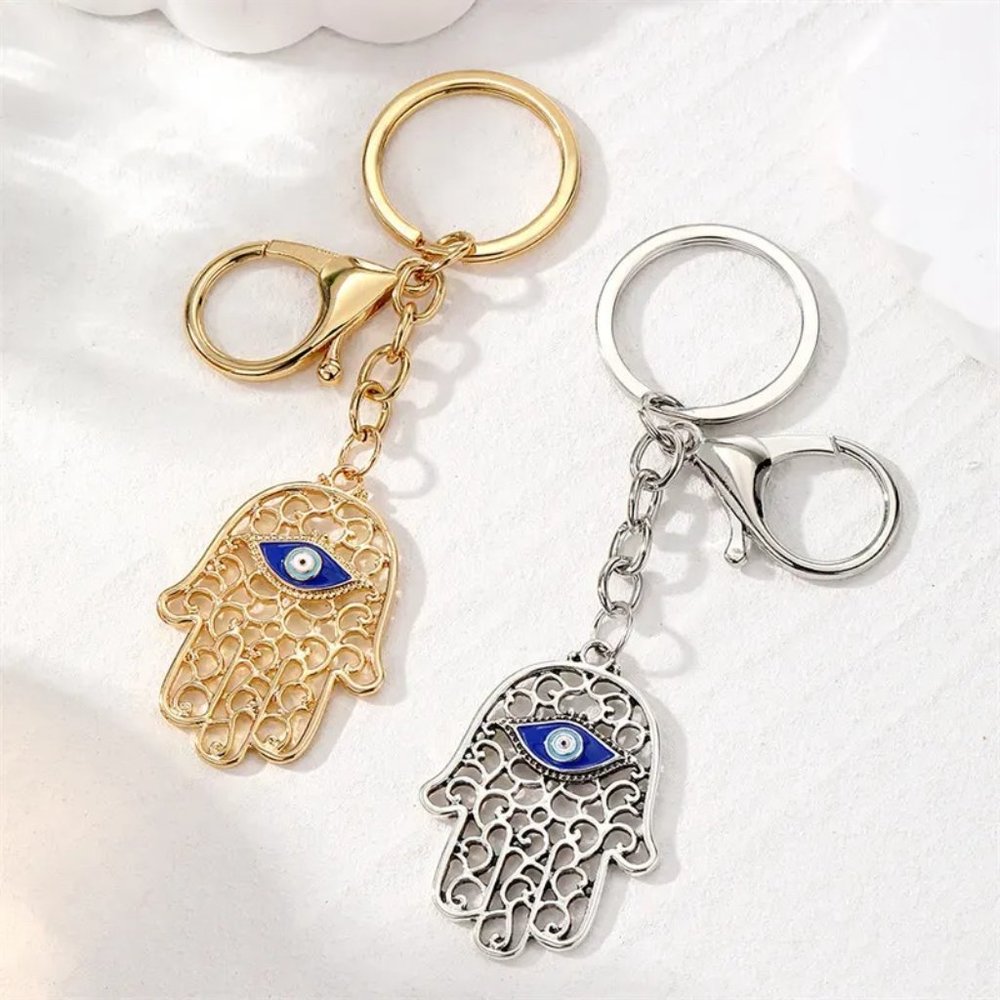 Evil Eye Golden Palm Keychain Bag Charm Gold or Silver ·4In Drop · New